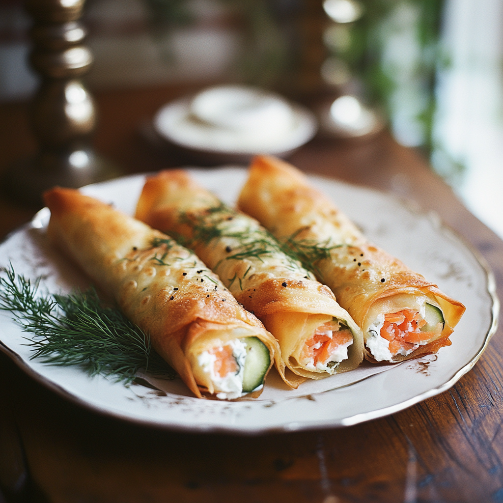 Egg “Rolls” with Cream Cheese, Red Fish, and Cucumber