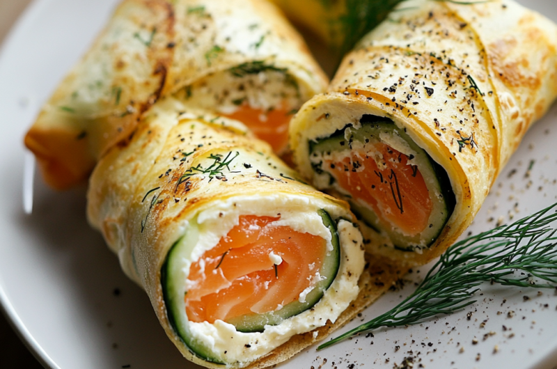 Egg "Rolls" with Cream Cheese, Red Fish, and Cucumber