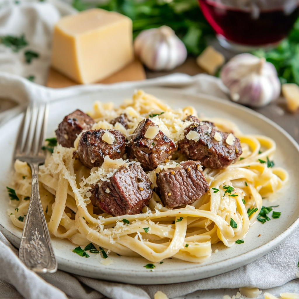 🥩 Garlic Butter Steak Bites with Parmesan Cream Sauce