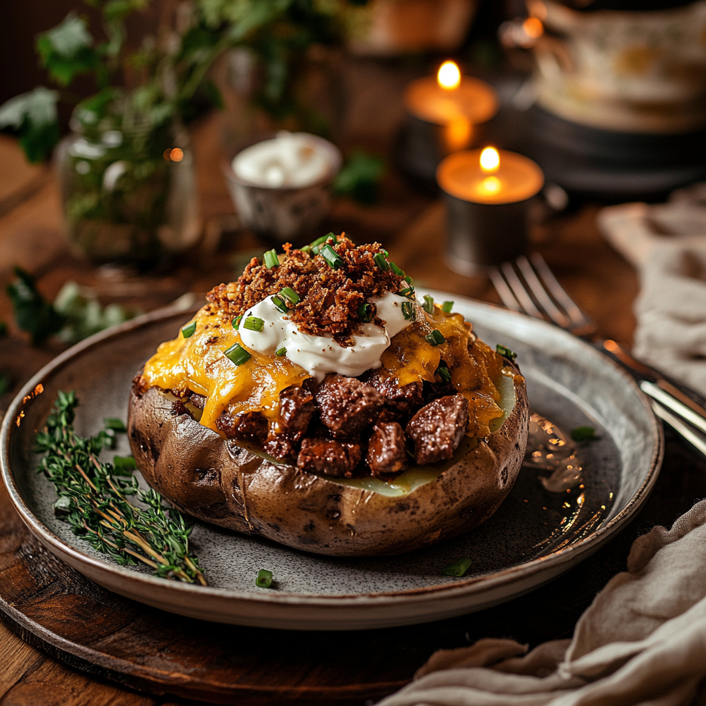 Loaded Baked Potato with Steak Bites – A Hearty Comfort Meal