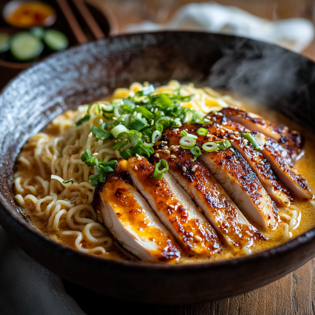 Fiery Chicken Ramen with Creamy Garlic Sauce