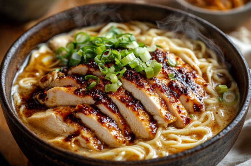 Fiery Chicken Ramen with Creamy Garlic Sauce