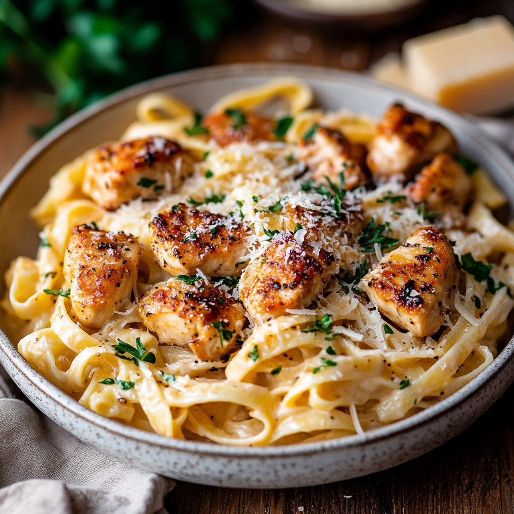 Garlic Butter Chicken Bites with Parmesan Pasta